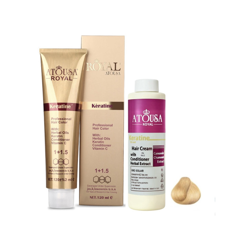 رنگ مو آتوسا رویال شماره 8.519 حجم 120 میلی لیتر رنگ گندمی به همراه اکسیدان آتوسا رویال مدل 2 نه درصدی حجم 75 میلی لیتر