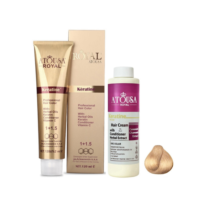 رنگ مو آتوسا رویال شماره 9.41 حجم 120 میلی لیتر رنگ بلوند سافاری به همراه اکسیدان آتوسا رویال مدل 2 نه درصدی حجم 75 میلی لیتر